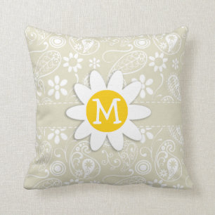 Ecru Paisley; Floral; Daisy Throw Pillow