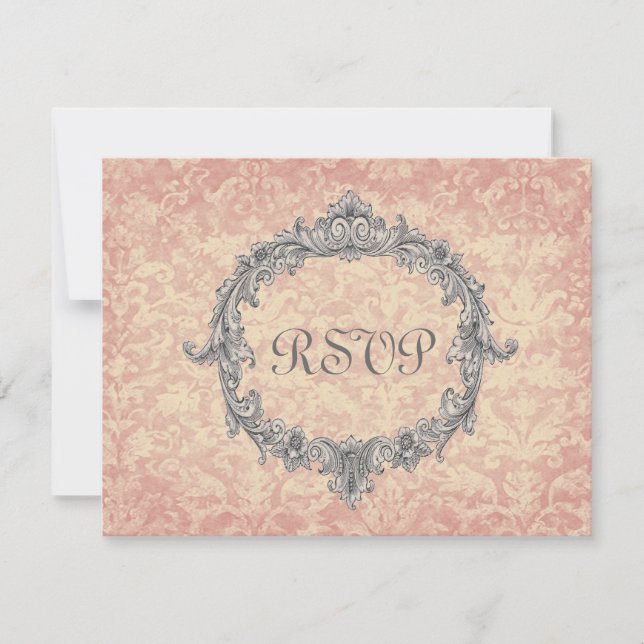 Ecru Peach Damask Vintage RSVP Mariage Réponse (Devant)