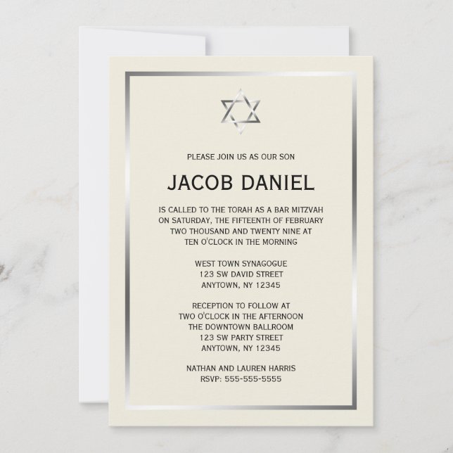 Ecru Silver Star of David Bar Mitzvah Invitations (Front)