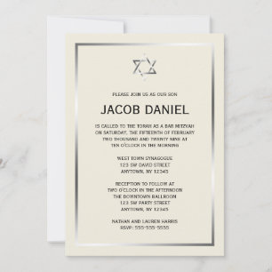 Ecru Silver Star of David Bar Mitzvah Invitations