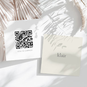 Ecru   Ultra Minimal Name & QR Code Square Business Card