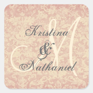 Ecru Vintage Wedding Grunge Damask Monogram V01 Square Sticker