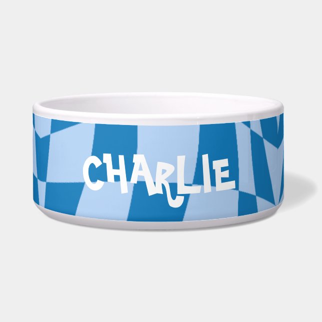 Écuelle À damiers Bleu Chat Ou Chien Nom De L'Animal De Co (Devant)