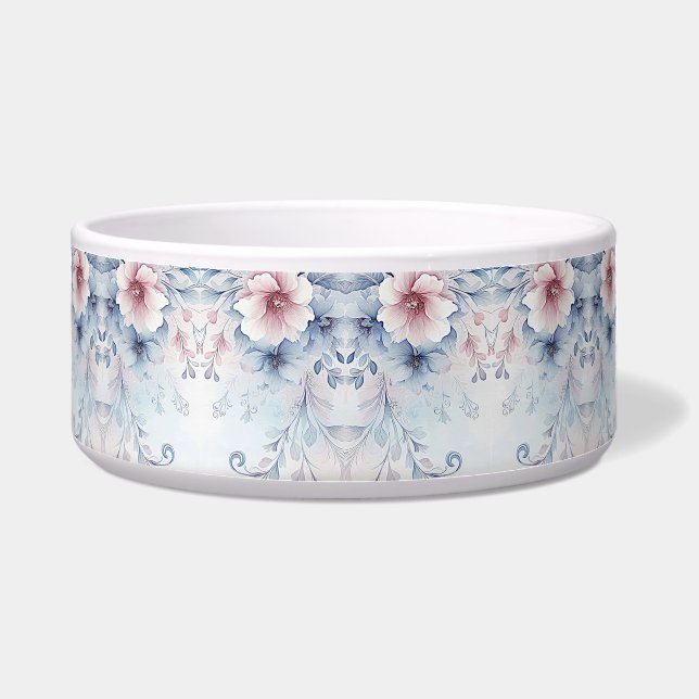 Écuelle Aquarelle Bleu rose Floral Céramique Pet Bowl (Devant)