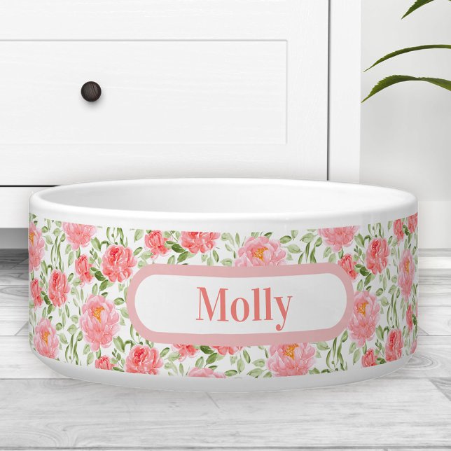 Écuelle Aquarelle Peony Motif Floral Nom Animal (Watercolor Peony Floral Pattern Name Pet Bowl large)