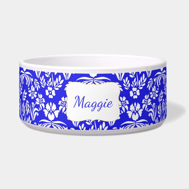 Écuelle Bleu et blanc Floral Damask Custom Pet Bowl (Devant)
