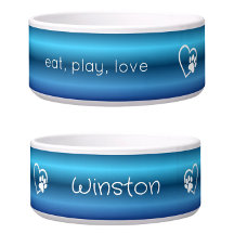 Blue 'eat, play, love' Dog Name Bowl