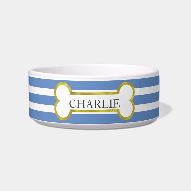 Écuelle Blue Stripes avec Gold Bone Personnalisé Pet Bowl (Devant)