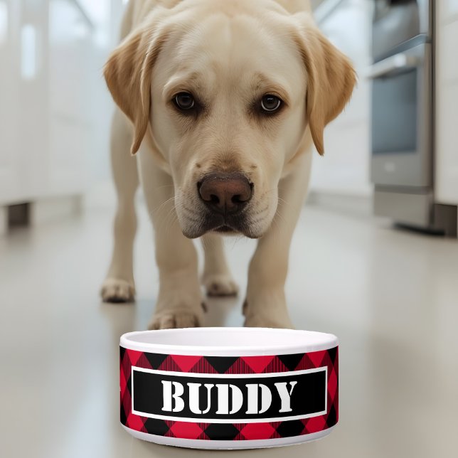 Écuelle Bold Buffalo Red Black Plaid Pattern Name Dog (Créateur téléchargé)