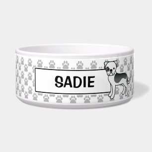 Écuelle Bouledogue américain piebal noir avec le nom de l'