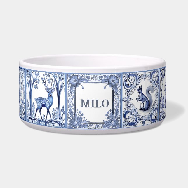 Écuelle Carreaux de bois bleu et blanc Personnalisé Animal (Devant)