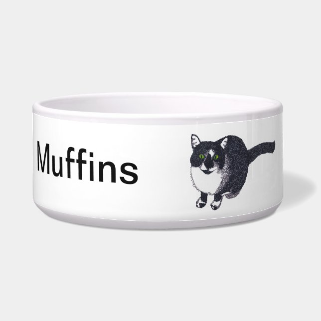 Écuelle Chat blanc mignon noir en Pointillisme Pet Bowl (Devant)