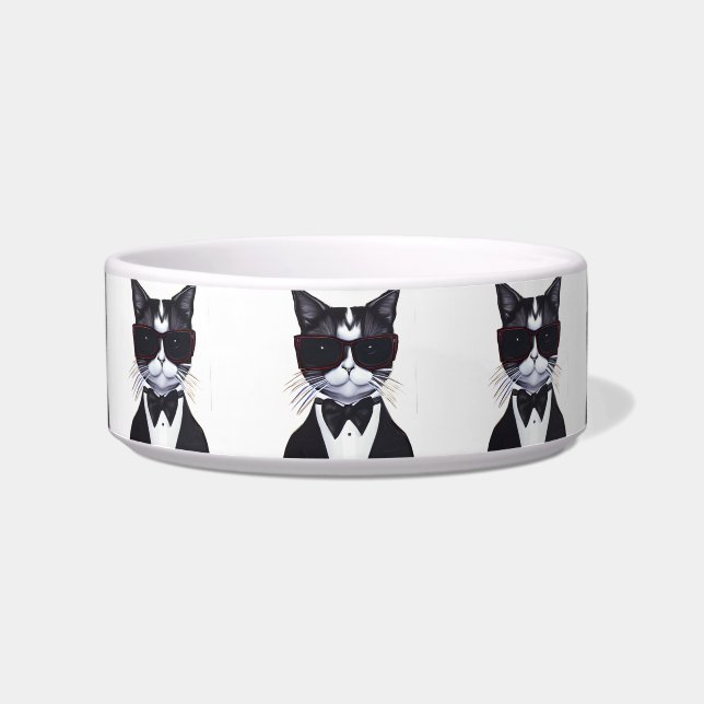 Écuelle Chat noir et blanc dans une Cravate Tuxedo et Bow (Devant)