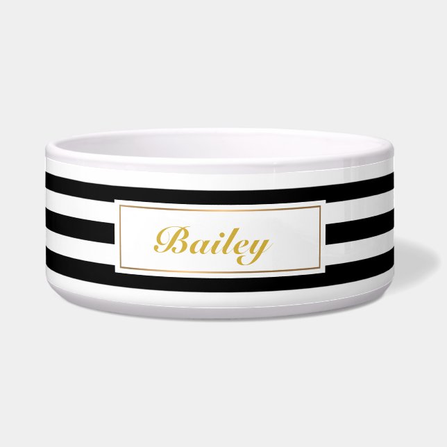 Écuelle Chic Black Gold Stripes Personnalisé Nom de l'anim (Devant)
