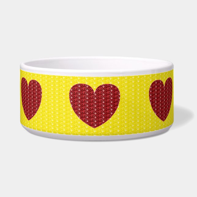 Écuelle Chien Bowl Jaune Parties scintillant de Coeur Roug (Devant)