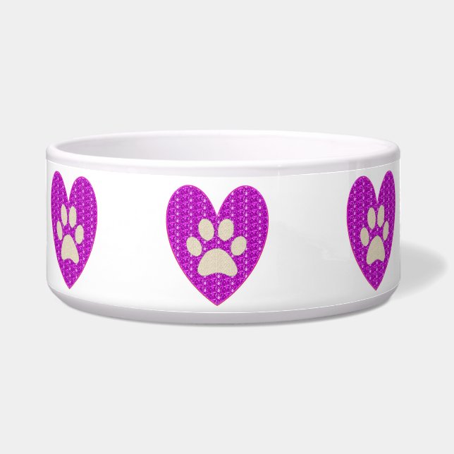 Écuelle Chien Bowl Paw Heart Rose Parties scintillant blan (Devant)