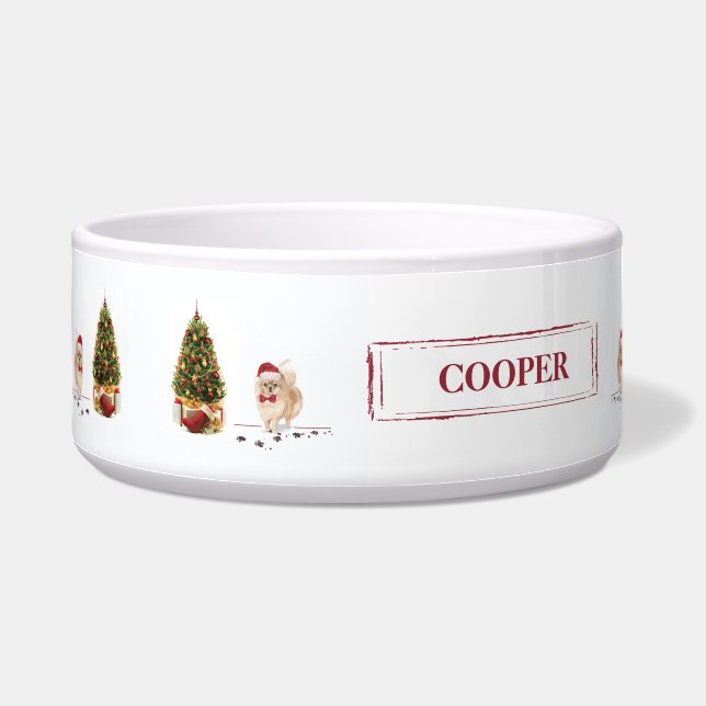 Écuelle Chien de Noël poméranien drôle avec arbre (Gauche)