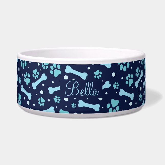 Écuelle Chien d'Empreintes de pattes bleus personnalisé (Devant)