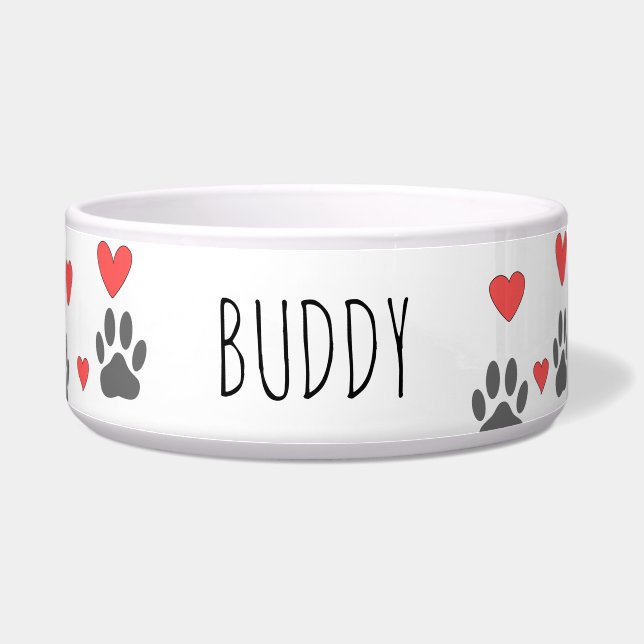 Écuelle Chien Paws Et Red Hearts Nom Personnalisé (Droite)