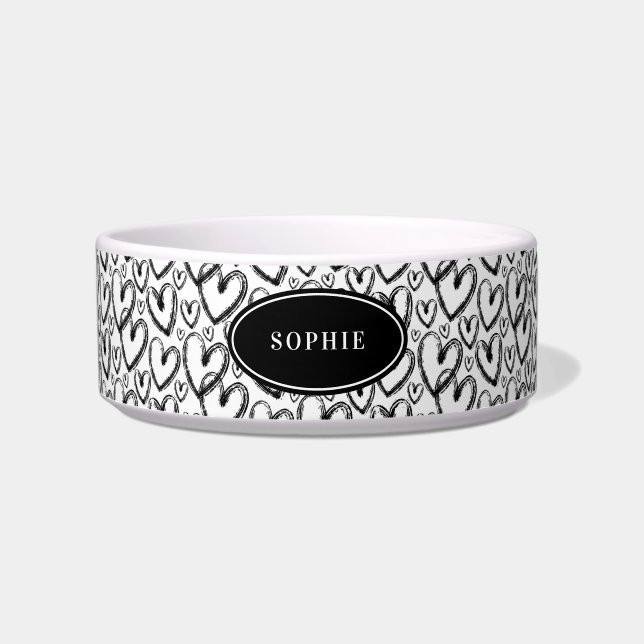 Écuelle Coeur de brosse moderne Pet personnalisé noir blan (Devant)