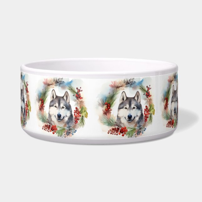Écuelle Couronne de Noël festive de malamute d'Alaska  (Devant)