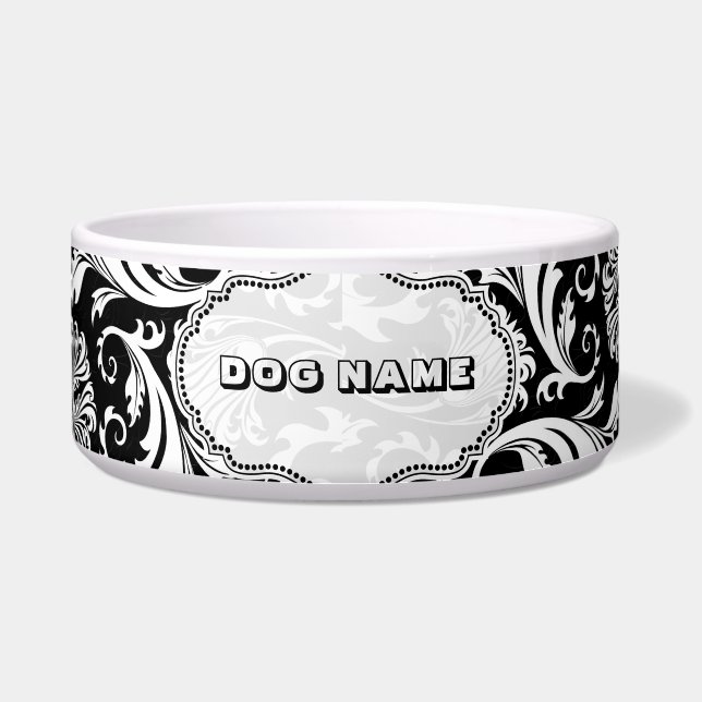 Écuelle Damas florales noires et blanches 5 monogrammes (Devant)