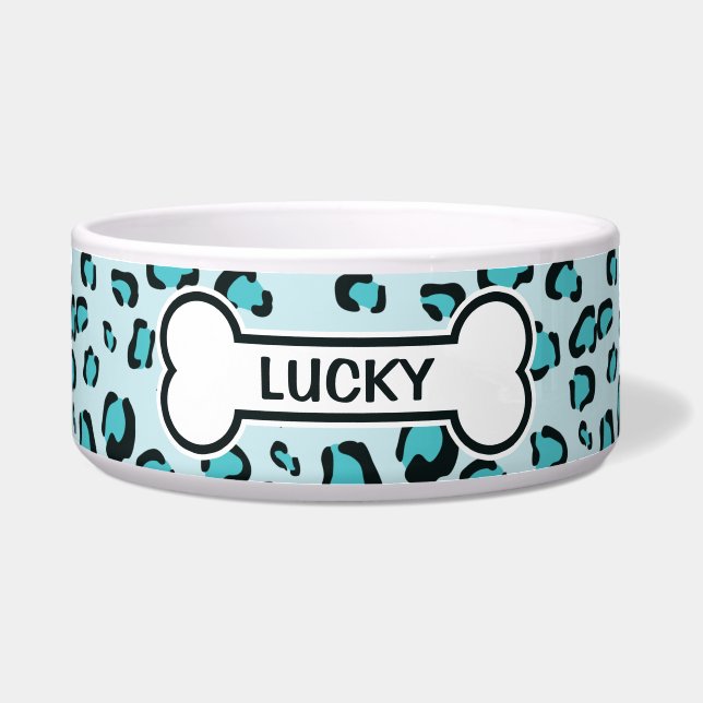 Écuelle Dessin d'impression léopard bleu avec os et nom (Devant)
