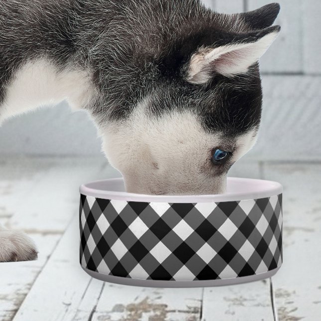 Écuelle Elegant Cute Gingham Check ceramic pet bowl  (elegant cute black and white gingham bowl for dogs)