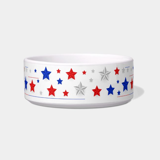 Écuelle Étoiles décoratives Pet Bowl (A decorative pet bowl adorned with red, white, and blue stars.)