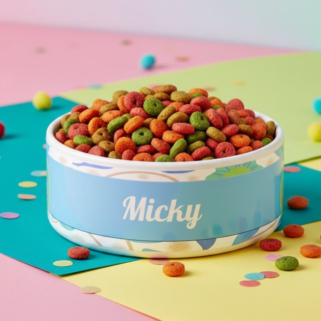 Écuelle Fleurs d'Imaginaire Bleu Vert céramique Pet Bowl (Give him a food bowl to be proud of. Pastel blue fantasy flowers with his name too.)
