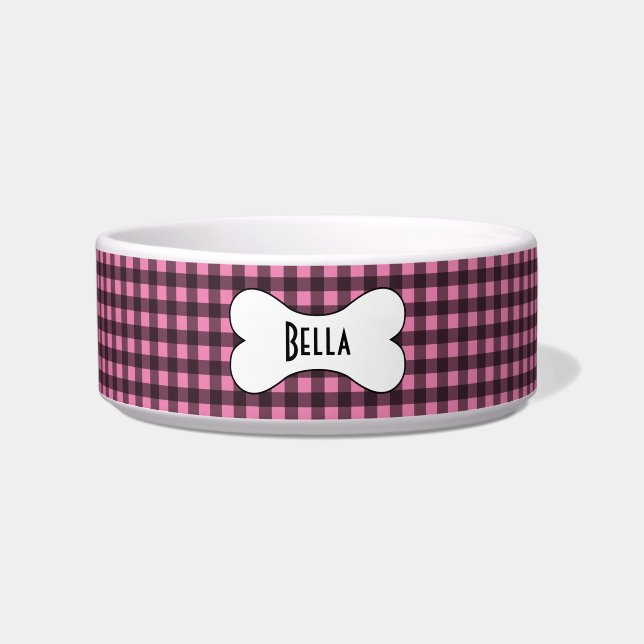 Écuelle Gingham Rose et Noir avec Nom dans un Os de Chien (Devant)