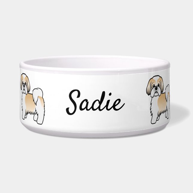 Écuelle Gold et White Shih Tzu Cute Cartoon Chien & Nom (Devant)