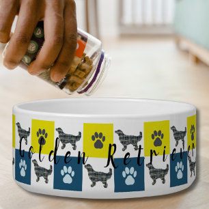 Écuelle Golden Retriever & Paw Yellow & Blue Grid Dog Bowl
