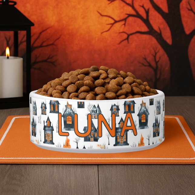 Écuelle Halloween Miniature Haunted Houses Custom Name Dog (Halloween Miniature Haunted Houses Custom Name Dog Bowl
)