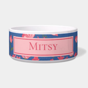Écuelle Jolie Fleurs roses sur Bleu Pet Bowl