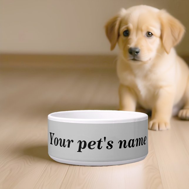 Écuelle Le nom de votre chien avec fond gris sur la gamell (Pet bowl with your pet's name on gray background)