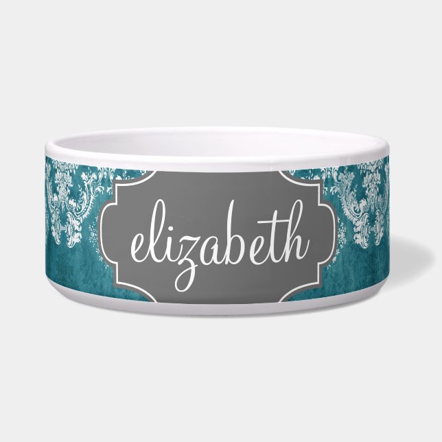 Écuelle Modèle de Damas gris turquoise Texte personnalisé (Devant)