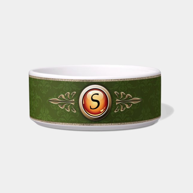 Écuelle Monogramme vert élégant de motif de damassé (Devant)