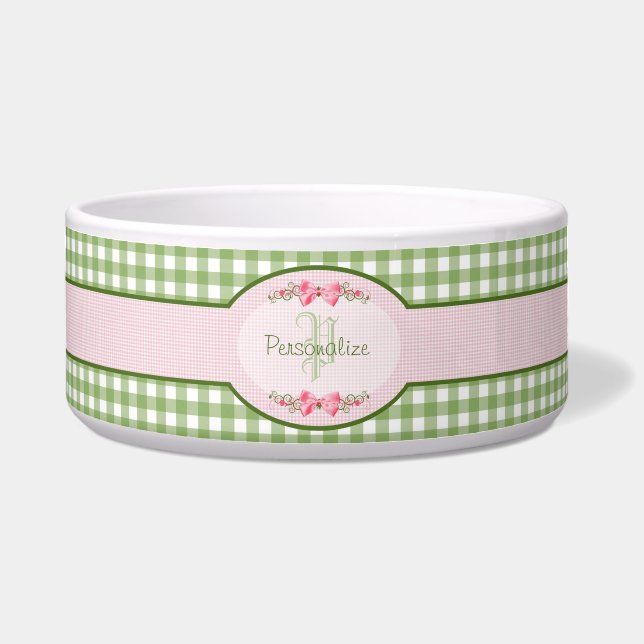Écuelle Monogramme vert Girly de guingan avec le nom (Devant)