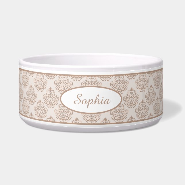 Écuelle Motif Damas Décoratif Beige Avec Nom Personnalisé (Devant)