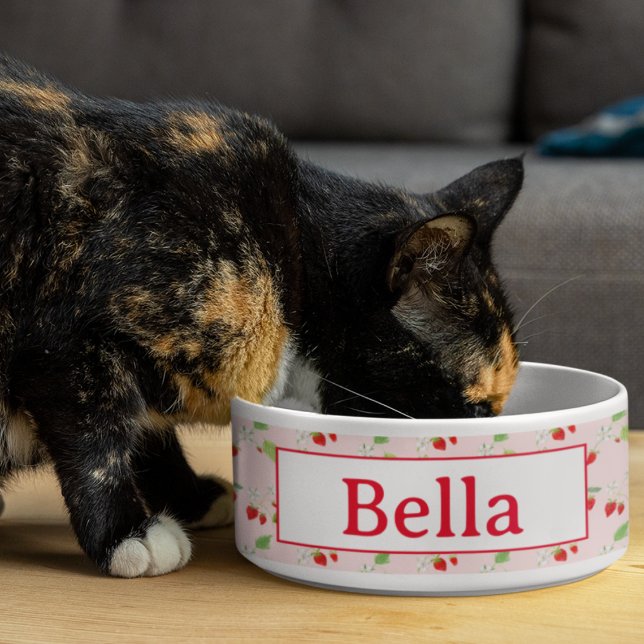 Écuelle Motif de fleurs de fraisier à l'aquarelle pour ani (Delightful pet bowl: Customized with watercolor strawberry blossoms!)