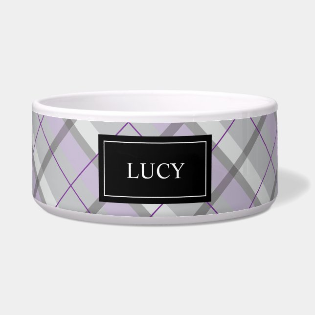 Écuelle Motif Plaid Gris Et Lilac Avec Nom De L'Animal (Devant)