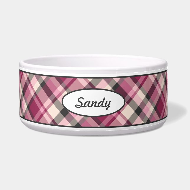 Écuelle Motif Plaid Rose, Crème Et Gris Foncé Avec Nom (Devant)