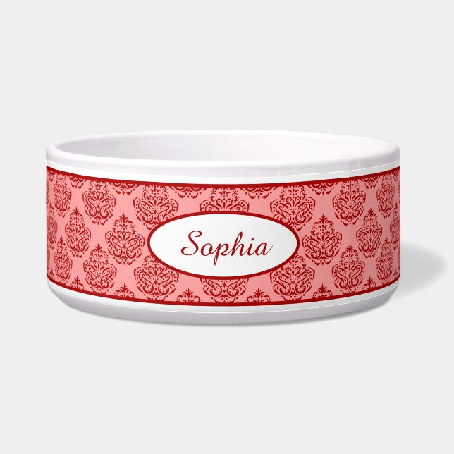 Écuelle Motif rouge élégant Damask Avec Nom Personnalisé (Devant)