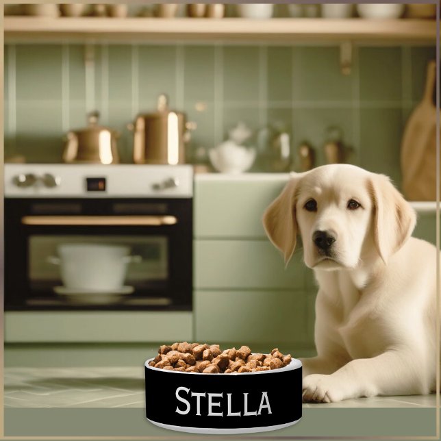 Écuelle Noir et blanc Simple Monochrome Nom Animal (A black and white bowl for your dog's food or water, personalized with your pet's name)