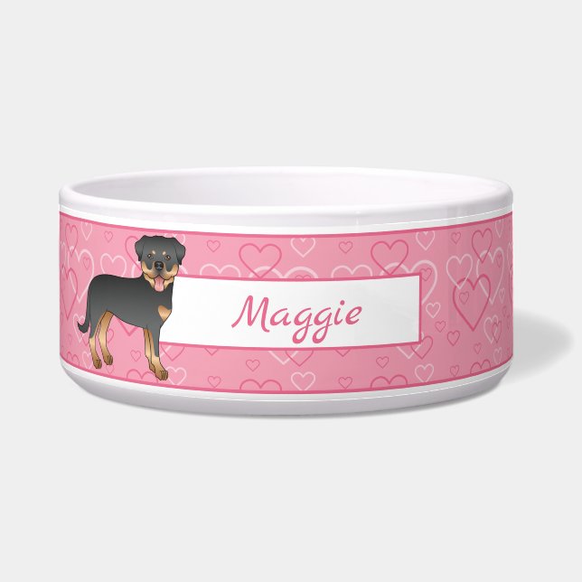 Écuelle Noir Et Tan Rottweiler Sur Coeurs Et Nom Rose (Devant)