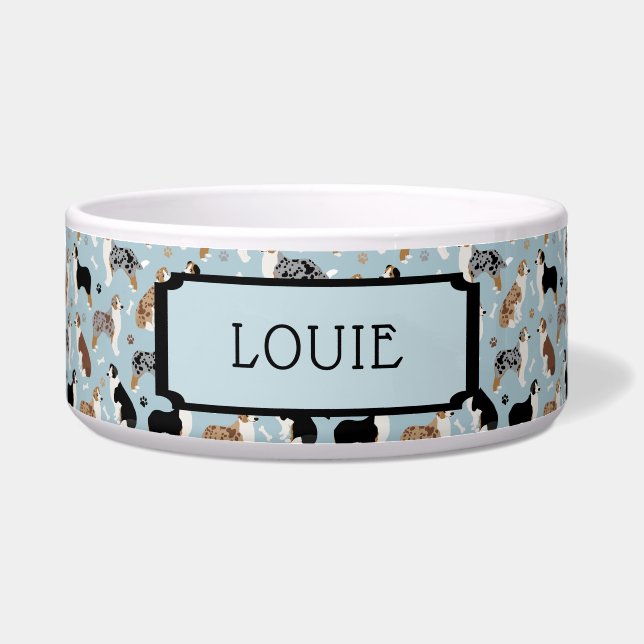 Écuelle Nom personnalisé Australian Shepherd Motif bleu (Devant)
