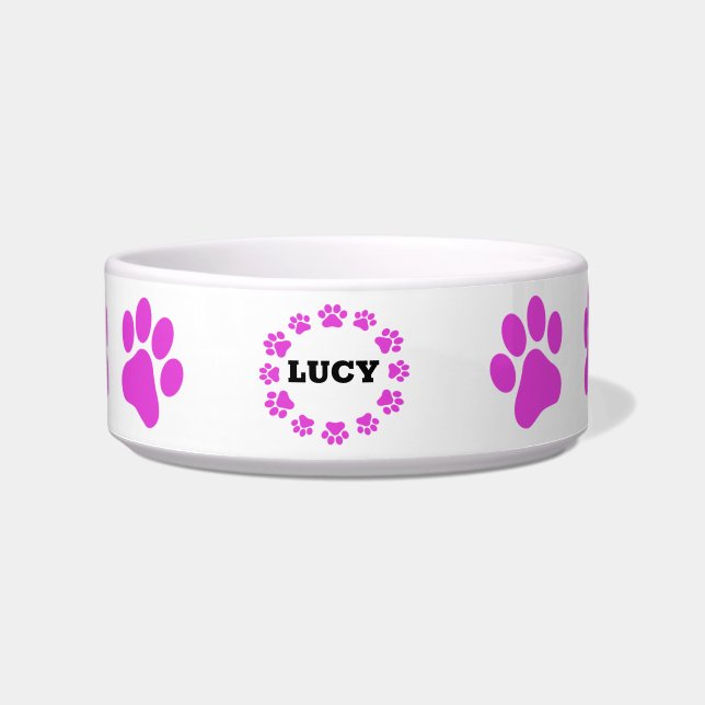 Écuelle Nom personnalisé Chien Chat Paws Rose Alimentation (Devant)