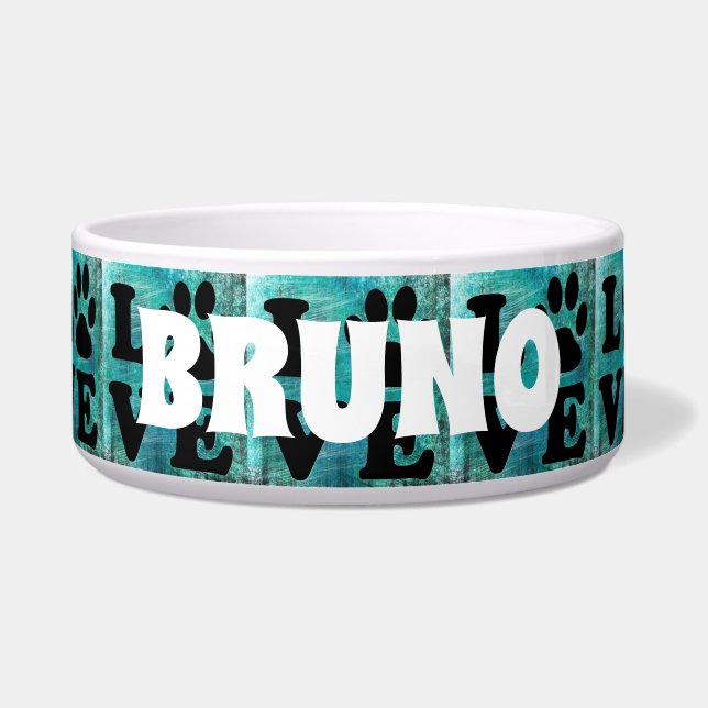 Écuelle Nom personnalisé Turquoise Paw Love Chien Bowl (Devant)