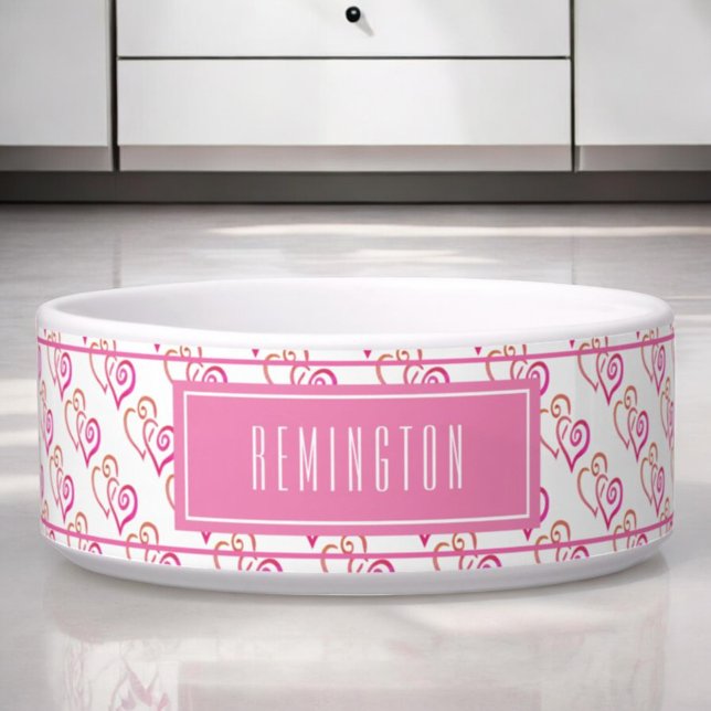 Écuelle Orange Rose Deux Motif Coeur Lié Personnalisé (custom pet bowl front pink linked hearts)